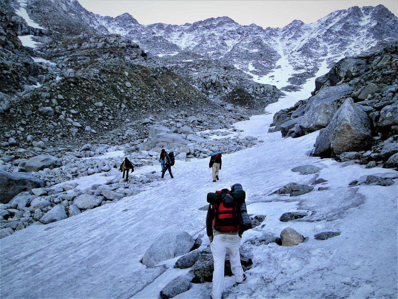 a group of people hiking on a snowy mountain