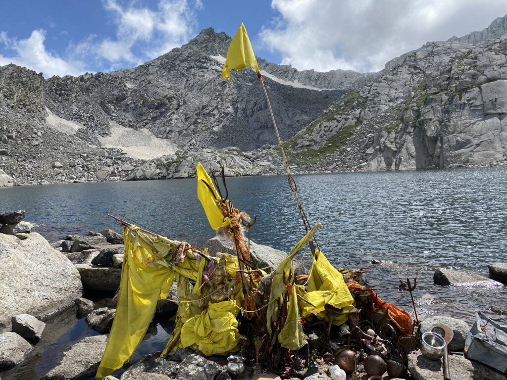 Nag Dal Lake in Dhauladhar Range during Seven Lakes Trek near Dharamshala, Himachal Pradesh