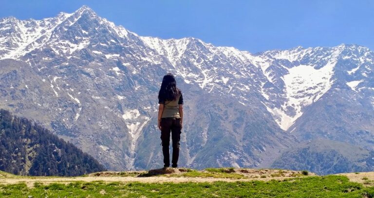 Triund Day Hike from McLeod Ganj 1 Hiker overlooking the Dhauladhar mountains from Triund
