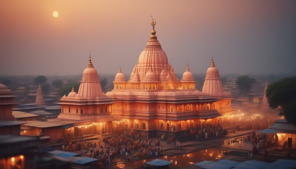 Ram Mandir Buzz - Chant Jai Shree Ram | Ayodhya 9 Shri Ram Mandir Ayodhya illuminated at sunset with devotees gathered in the temple complex