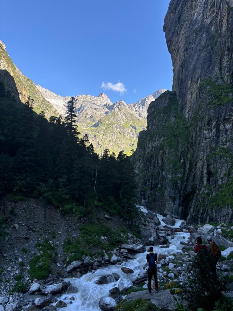 Valley of Flowers Trek 3 Trekker walking along a mountain stream in the Valley of Flowers National Park, Uttarakhand, surrounded by Himalayan cliffs.