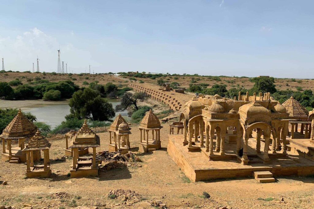Ancient sandstone cenotaphs with domes and arches at Bada Bagh, Jaisalmer, Rajasthan.