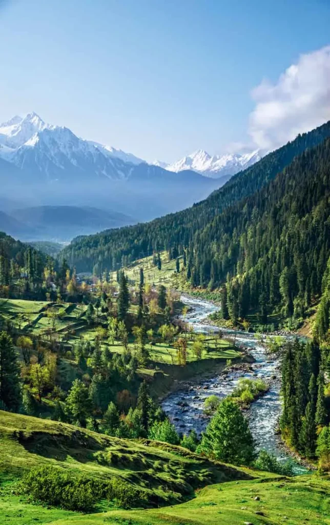 Scenic Kashmir valley with a winding river, pine forests, green meadows, and snow-capped Himalayan mountains