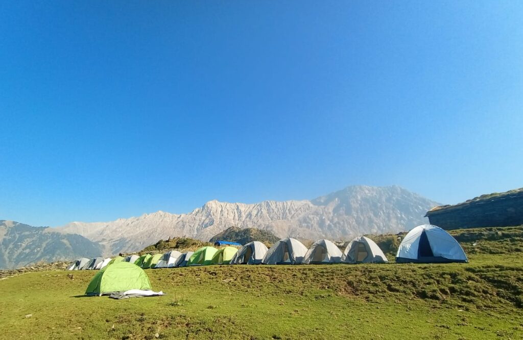 Camping tents set up on a green meadow during the Thatharana Trek with Dhauladhar mountains in the background