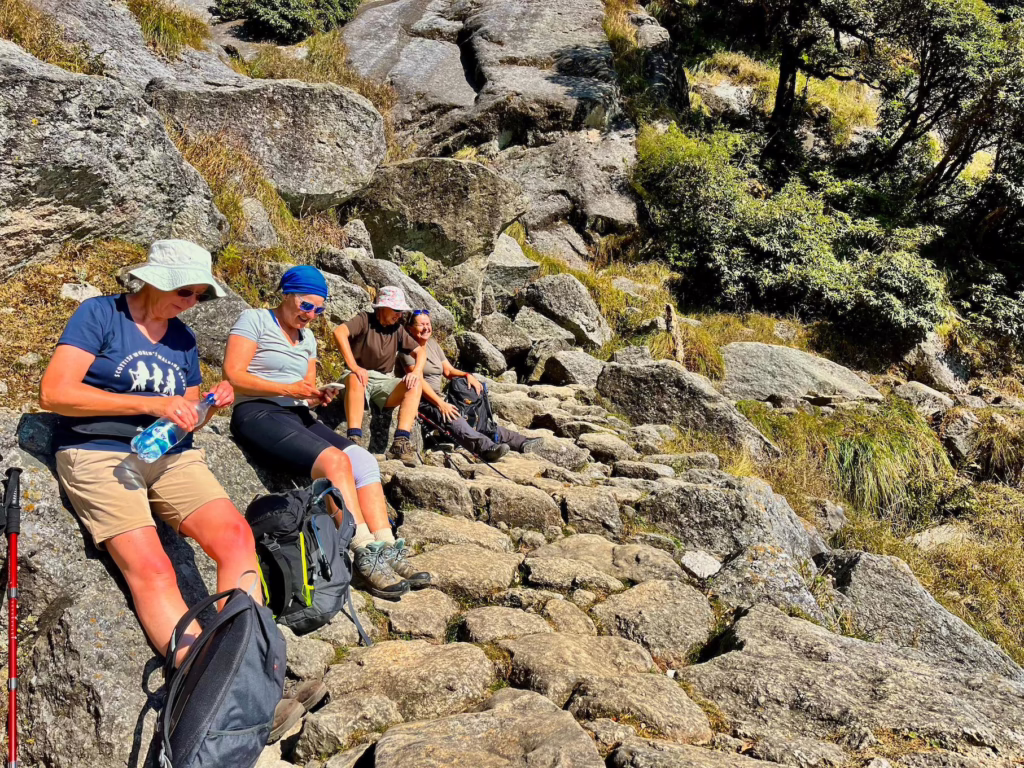 Guidelines for Trekking in India: Safety, Certification, and Standards 8 Group of trekkers resting on a rocky mountain trail in the Himalayas during an adventure trek in India