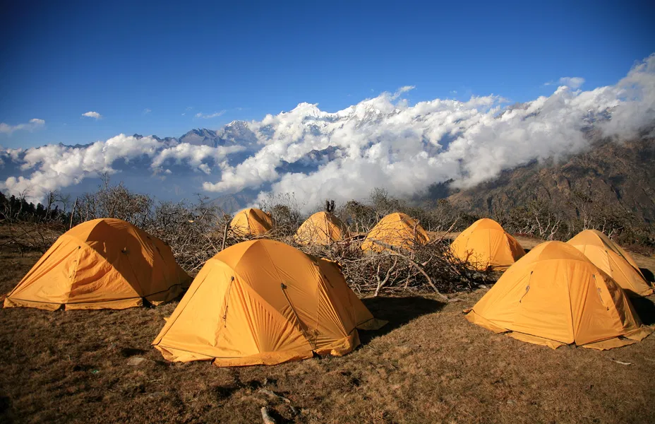 Yellow camping tents set up on an open mountain meadow with snow-capped Himalayan peaks in the background, showing responsible group camping in high-altitude terrain