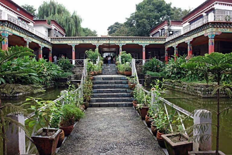 Tibetan architecture and gardens at Norbulingka Institute near Dharamshala