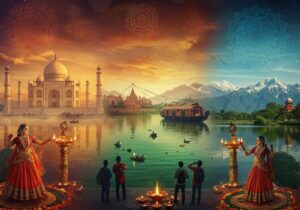A vibrant illustrated scene showing famous Indian landmarks with travelers at a lakeside during a colorful sunrise, representing trending travel destinations in India.