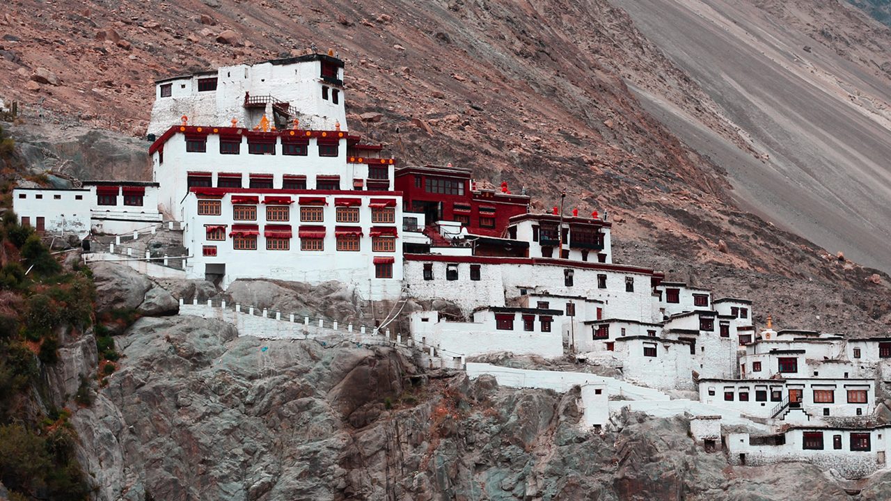 Diskit Monastery perched on a rocky hillside in Nubra Valley, Ladakh