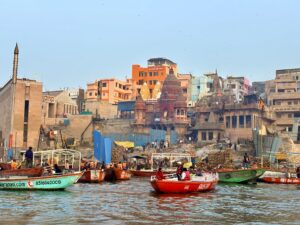 Ganga riverfront and historic ghats in Varanasi during spiritual tour in India