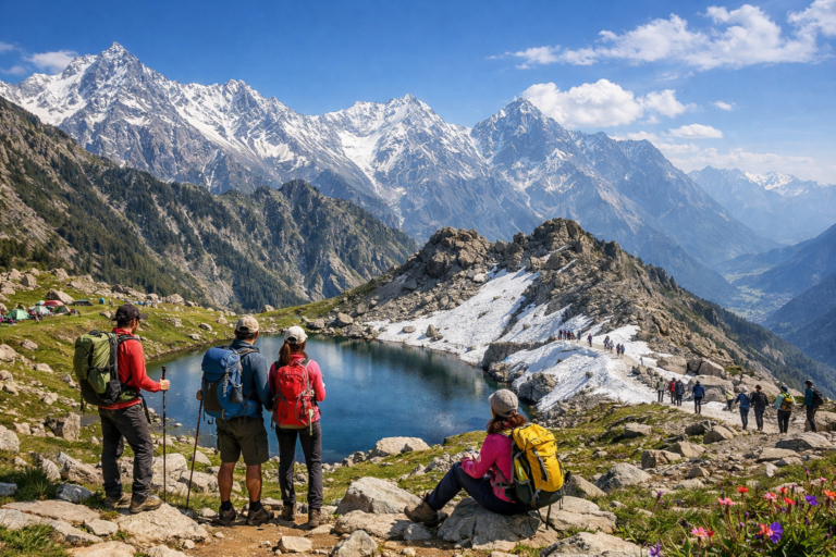 Trekkers exploring Himalayan trails near Dharamshala with views of Dhauladhar mountains and alpine lake