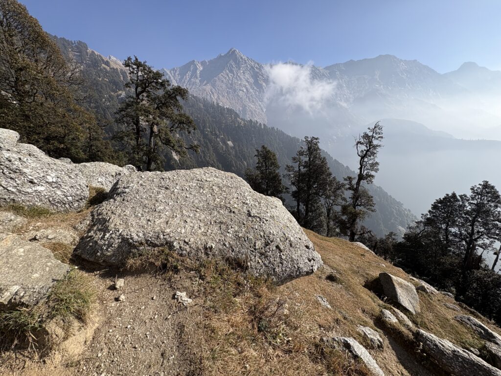 Rocky hillside trail with trees and mountain peaks in the distance